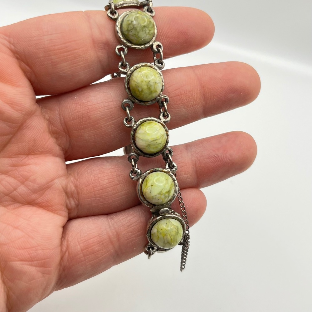 Vintage Silver Tone Green Marbled Stone Link Bracelet with Safety Chain 6.5in - Picture 4 of 7